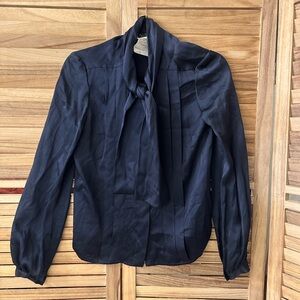 Vintage Chanel Silk Button Down Silk Blouse with CC Tie Neck Navy 36